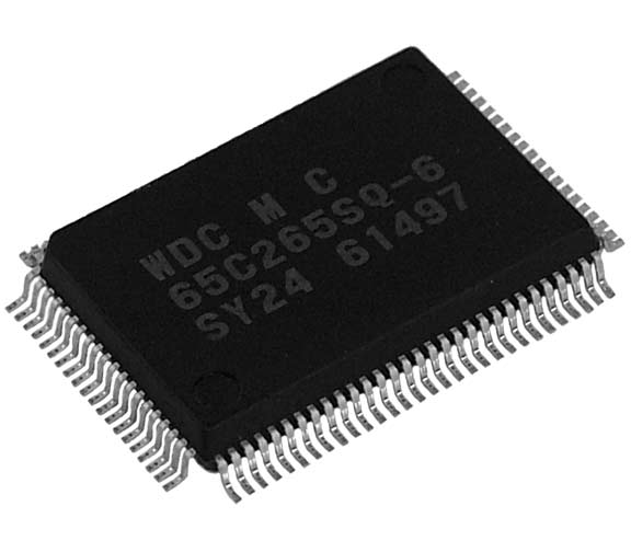 This is a Picture of the 16-bit W65C265S8SQ-8 Microcontroller Quad Flat Pack, 100 pin package. The 
								W65C265S is a 16-bit Microcontroller consisting of a W65C816S CPU, 8K bytes of ROM, 576 bytes of RAM.