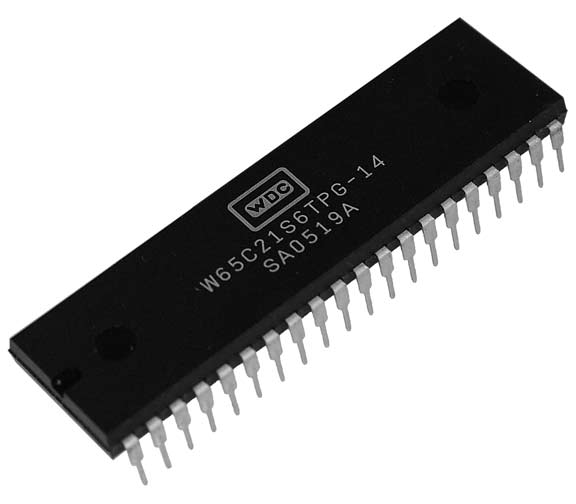 This is a Picture of the W65C21S6TPG-14 Peripheral Interface Adapter (PIA) Plastic 
							Dual-In-Line, 40 pin package. The W65C21S a flexible I/O device, has been used successfully with many 
							different microprocessor families.